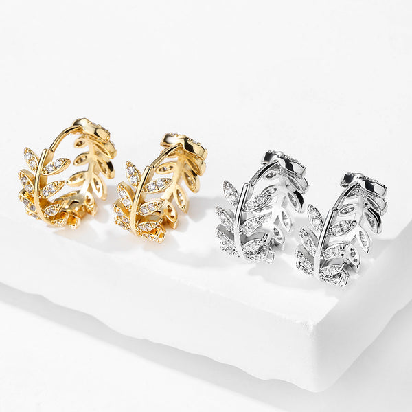 Aretes Diseño Coreano con Zirconia Incrustada - Forma de Hoja Elegante