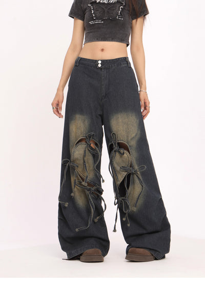 Pantalones Vaqueros Rotos con Cordones Cintura Alta Pierna Recta Mujer - Image 16