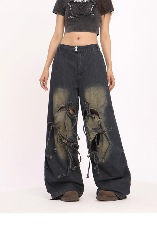 Pantalones Vaqueros Rotos con Cordones Cintura Alta Pierna Recta Mujer - Image 16