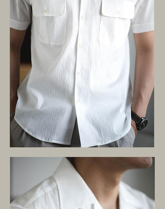 Camisa Retro Seersucker de Color Sólido con Cuello Cubano Británico - Image 11