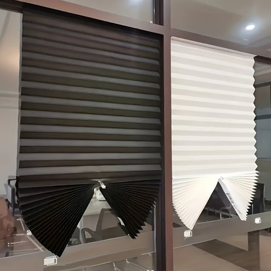 Gray pleated self-adhesive window shade with swatches for white, gray, and black color options. - Image 12