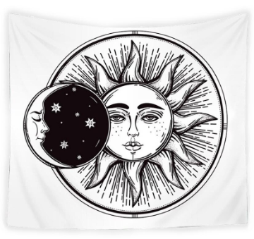 White rectangular tapestry with a black and white sun and crescent moon illustration, featuring faces and stars. - Image 2