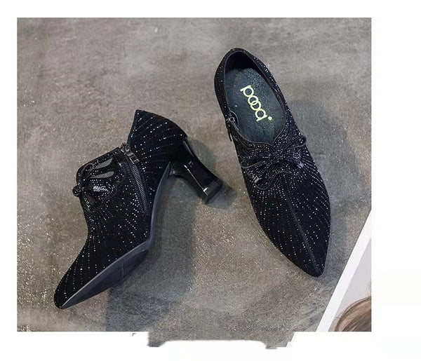Zapatos de Tacón Alto Británicos con Lazo y Punta Fina Adornados en Cristales