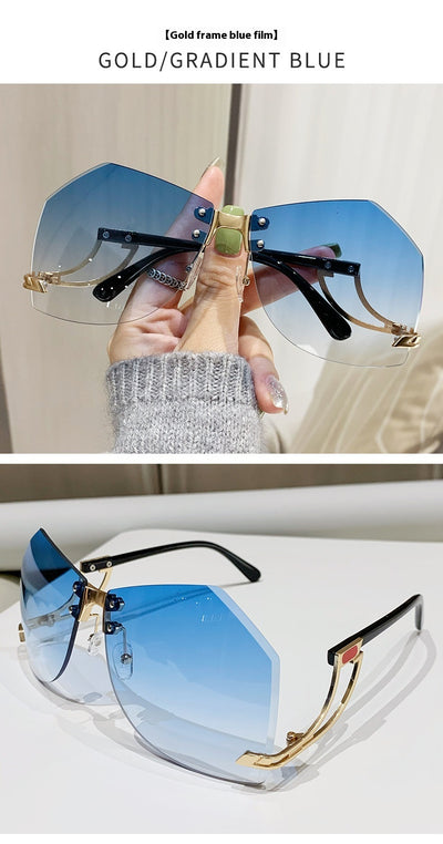 Rimless sunglasses with gradient pink lenses and gold-tone hollow temples, featuring a unique quadrilateral shape. - Image 9