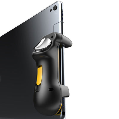 Black and yellow smartphone gamepad with a trigger button, shown from front and side views for mobile gaming. - Image 2