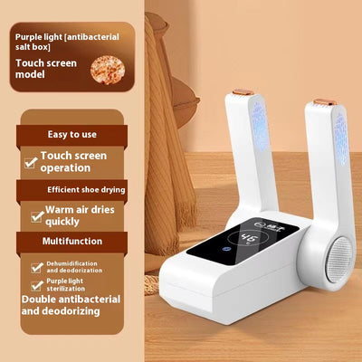 White household shoe dryer with retractable arms, digital display, and control knob, on a light wood floor. - Image 7