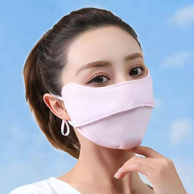 Light pink ice silk sun protection mask with ear loops and neck coverage, featuring small ventilation holes. - Image 3