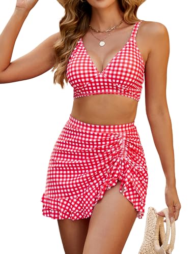 Black and white gingham two-piece swimsuit with a V-neck bikini top and a high-waisted ruched swim skirt. - Image 17