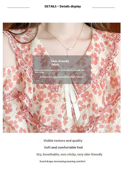 Blusa Chiffon Floral Hombro Descubierto - Camisa Romántica de Manga Corta - Image 27