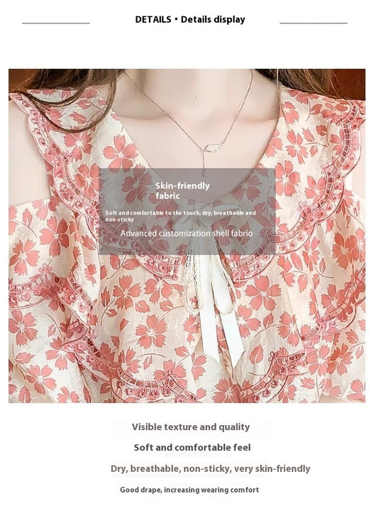 Blusa Chiffon Floral Hombro Descubierto - Camisa Romántica de Manga Corta - Image 27
