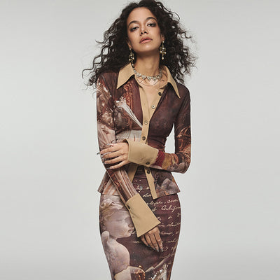 Blusa Mesh Plisada con Estampado y Cintura Ajustable