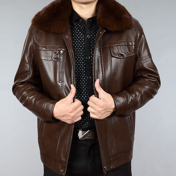 Chaqueta de Cuero para Hombre con Cuello de Piel y Solapa Clásica
