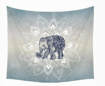 Blue and beige tapestry featuring a stylized elephant with intricate patterns over a white mandala design. - Image 2