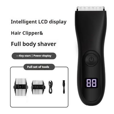 Black digital display electric trimmer with two guide combs, a charging cable, and a cleaning brush. - Image 3