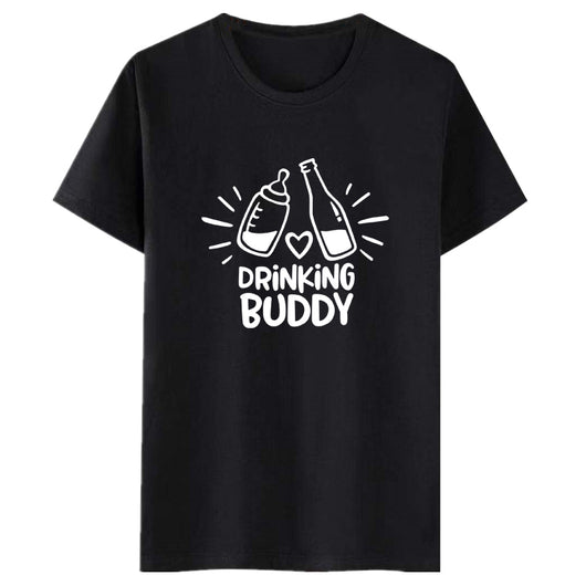 White short-sleeve t-shirt with a black graphic of a baby bottle and a beverage bottle clinking, and "DRINKING BUDDY" text. - Image 13