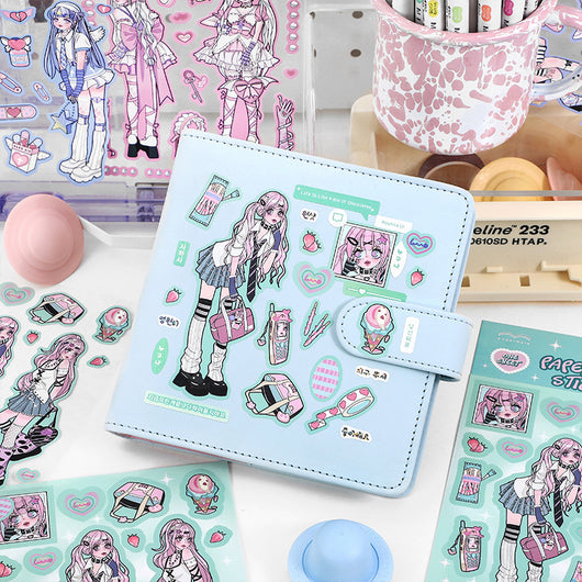 Sheet of self-adhesive stickers featuring an anime angel girl in various poses, hearts, pills, and a winged CD. - Image 13