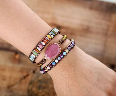 Pulsera Étnica de Cuero con Grano de Madera y Cristal - Image 8
