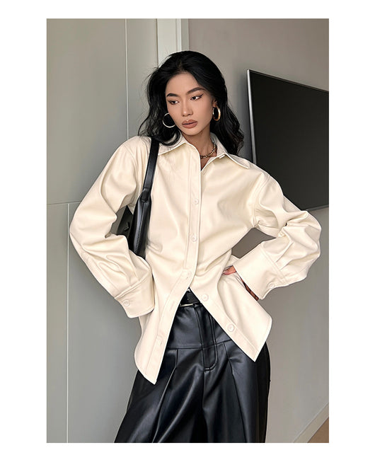 Blusa Retro de Cuero PU con Cuello Puntiagudo para Mujer - Image 8