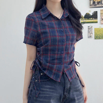 Camisa Cuadrille Retro con Pliegues Elegantes y Manga Corta