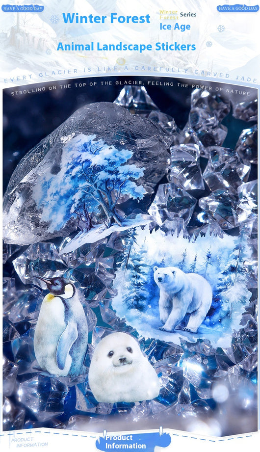 A set of 25 PET stickers featuring winter landscapes, ice castles, deer, wolves, and an ice queen in a snowy fantasy theme. - Image 19