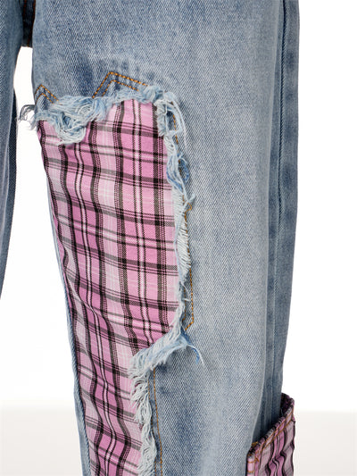 Pantalones Jeans Rectos Anchos para Mujer con Cuadros y Moño - Image 24