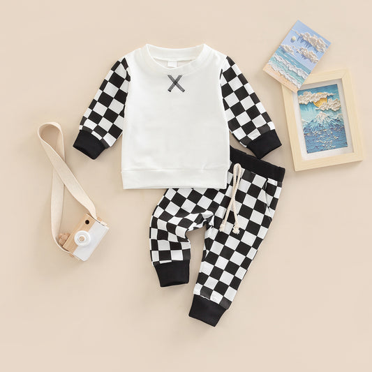 Conjunto Infantil Cuadros con Suéter y Pantalón Largo