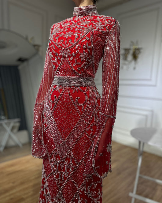 Vestido Largo de Noche Rojo con Cuello Alto y Falda Sirena - Image 21