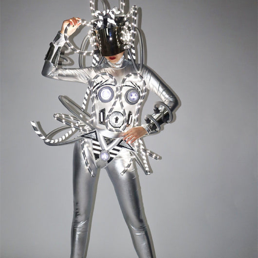 Traje de Rendimiento Cyberpunk con LED Luminoso Plateado
