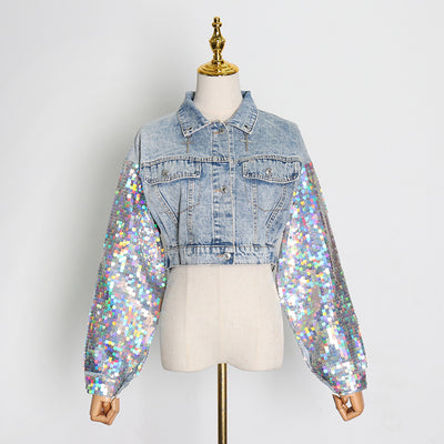 Chaqueta Denim Patchwork con Lentejuelas para Mujer - Estilo Urbano Elegante - Image 9