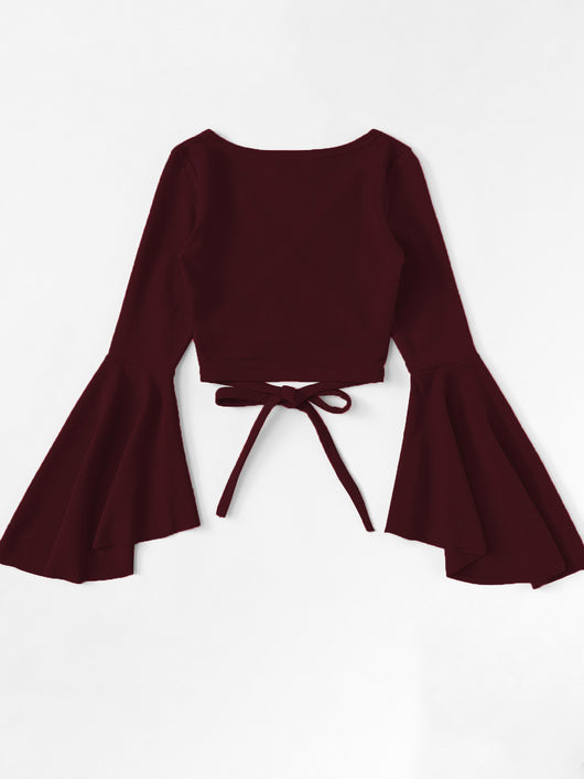 Blusa Crop Top Manga Murciélago Rojo Oscuro para Otoño e Invierno - Image 11