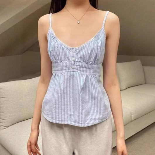 Camiseta Escotada con Encaje Azul y Blanco a Rayas