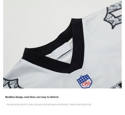 White mesh jersey t-shirt with a V-neck and short drop-shoulder sleeves, featuring a black and white snake scale design. - Image 12
