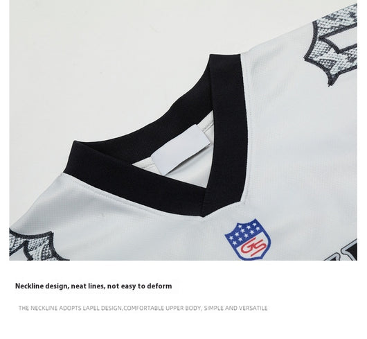 White mesh jersey t-shirt with a V-neck and short drop-shoulder sleeves, featuring a black and white snake scale design. - Image 12