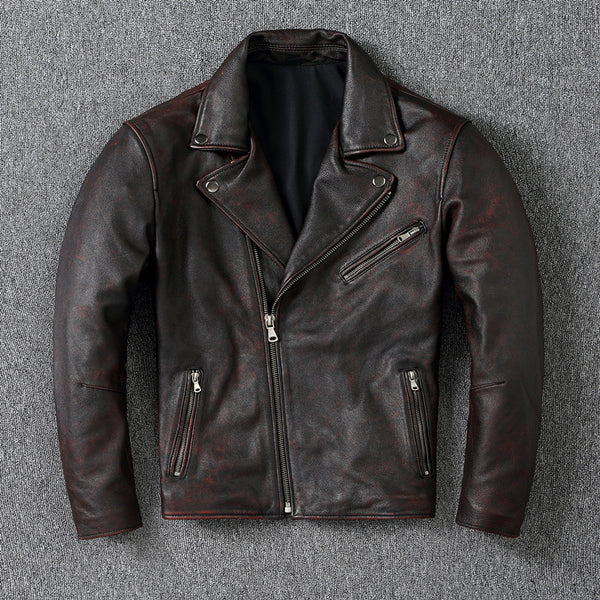 Chaqueta de Cuero Motociclista Vintage Desgastado para Hombre