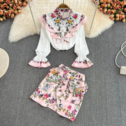 Conjunto de Blusa con Volantes y Falda Talle Alto