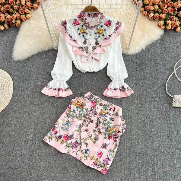 Conjunto de Blusa con Volantes y Falda Talle Alto