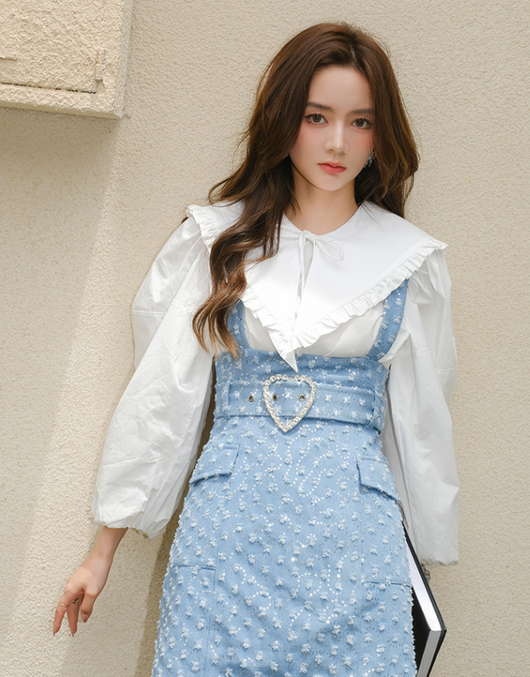 Falda Vestido Denim con Bordado de Cuentas y Tirantes - Image 12