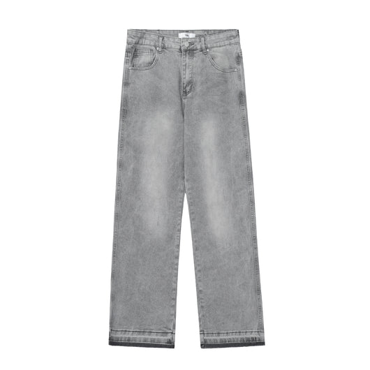 Jeans Rectos Gris Desteñido con Orilla Cruda - Estilo Retro Americano - Image 5
