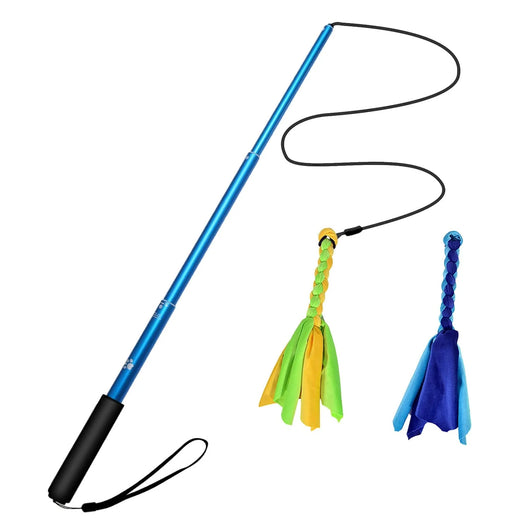 Black telescopic pet training rod with a black cord and two interchangeable braided fabric attachments in green/yellow and blue. - Image 3
