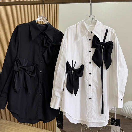 Blusa Elegante con Moño Tridimensional y Manga Larga Estilo Francés