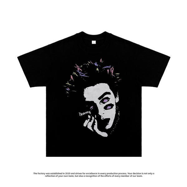 Camiseta Hombre Estilo Retro Americano Cuello Redondo Suelta Estampada Manga Corta