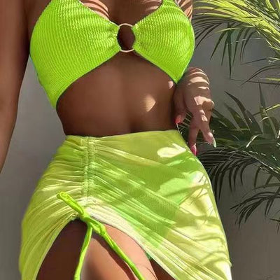 Traje de Baño Mujer Tres Piezas Color Sólido Cuello Halter - Image 28