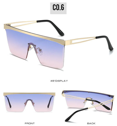 Gold frame square sunglasses with a one-piece gradient blue lens and black temple tips. - Image 24