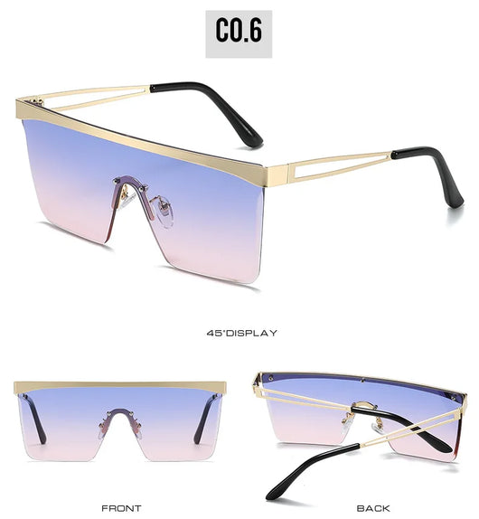 Gold frame square sunglasses with a one-piece gradient blue lens and black temple tips. - Image 24