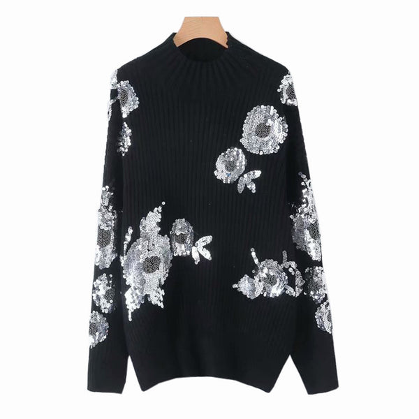 Suéter Negro Holgado con Cuello Alto y Flores de Lentejuelas