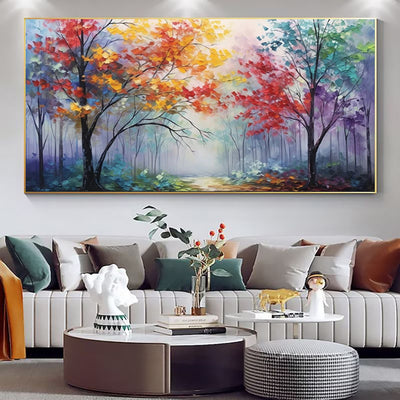 Cuadro Abstracto Árbol Colorido Óleo Pintura a Mano Bosque Otoño Matutino Lienzo Moderno