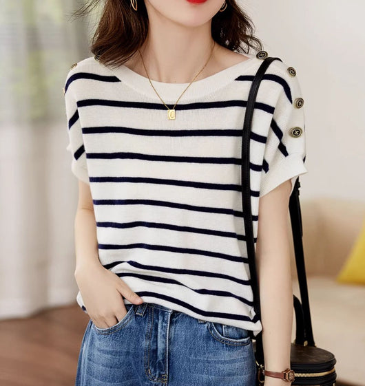 Blusa Rayada Ice Silk Manga Corta Ajustada y Cubriente - Image 10