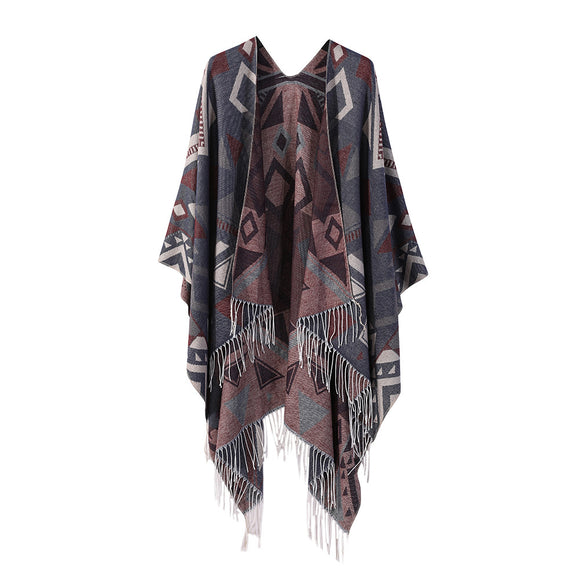 Poncho Chal Geométrico de Cachemira Gruesa con Borlas Versátil