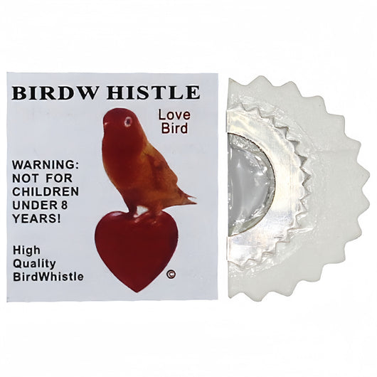 Red bird whistle with a serrated metal edge, next to a white label featuring a bird on a heart and a warning. - Image 13