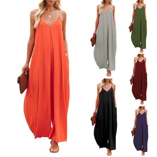 Jumpsuit Ancho de Tiro Bajo con Bolsillos - Diseño Sólido y Casual